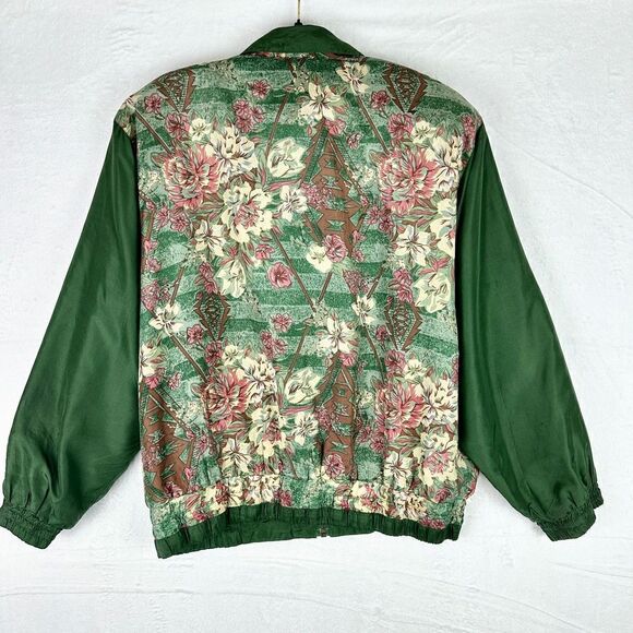 Vintage River Edge Silk Floral Windbreaker Bomber Jacket Size Large Green - Picture 2 of 8